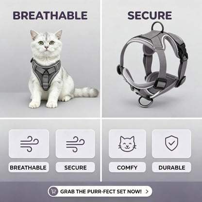 Escape-Proof Cat Harness and Leash Set; Adjustable Size. Cat Leash and Collar Made from Comfortable, Breathable Materials with Adjustable Sizing. Reflective Strip, Soft Mesh Vest, Convenient for Safe Leash Walking. Includes a Summer Version; Breathable An