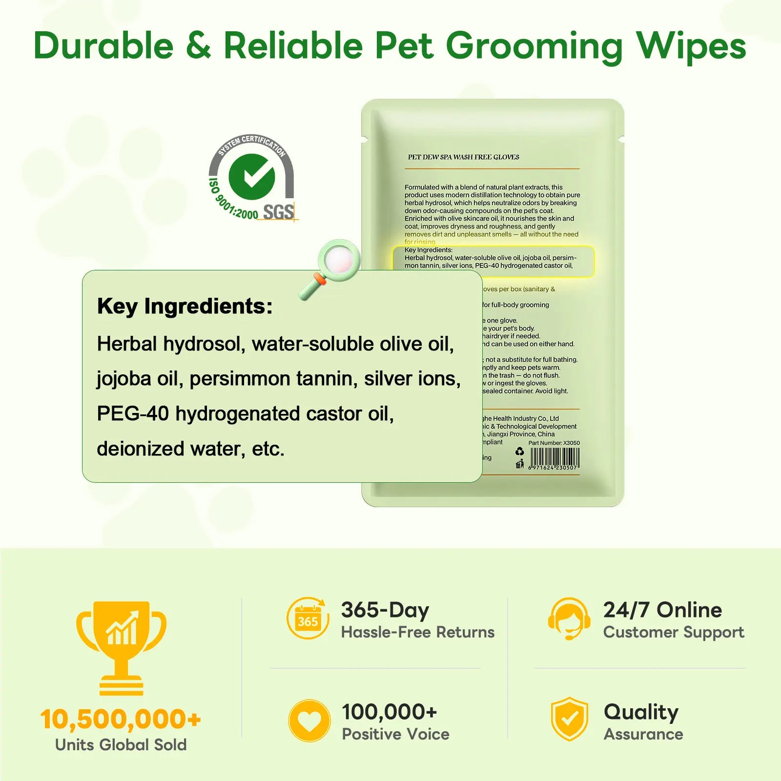 Pet Cleaning Glove Wipes for Dogs & Cats, No-Rinse Waterless Bath Grooming Wipes, Deodorizing Hypoallergenic Pet Wipes for Paws, Fur, Face, Ears & Butt, Extra Thick Daily Pet Care