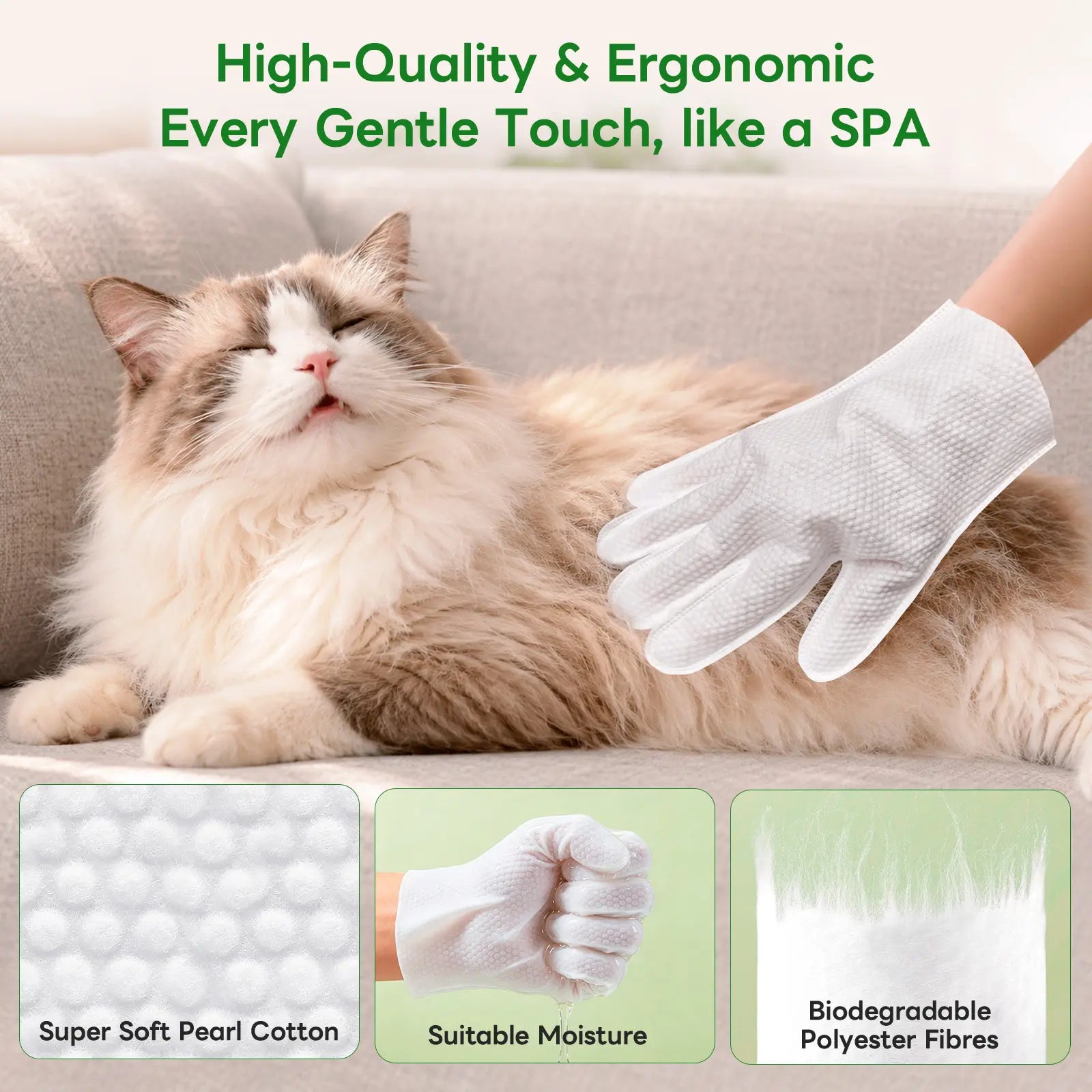 Pet Cleaning Glove Wipes for Dogs & Cats, No-Rinse Waterless Bath Grooming Wipes, Deodorizing Hypoallergenic Pet Wipes for Paws, Fur, Face, Ears & Butt, Extra Thick Daily Pet Care