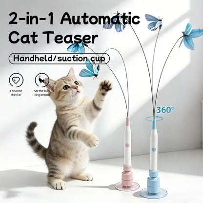Interactive Cat Toy – Automatic Butterfly Toy with 360° Spin & Random Jump, USB Rechargeable, Dual Play Modes (Self-Play + Handheld), Strong Suction Cup Base – Perfect for Indoor Cats & Kittens Wand