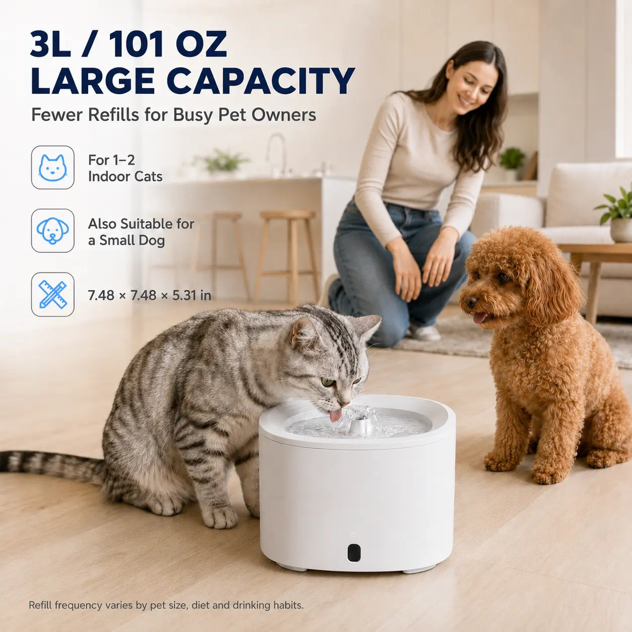Fluffino 3L/101Oz Upgraded Water Capacity Cat Water Fountain with Quiet USB Pump Power Supply, Continuous Flow, Easy Maintenance, White Single Unit