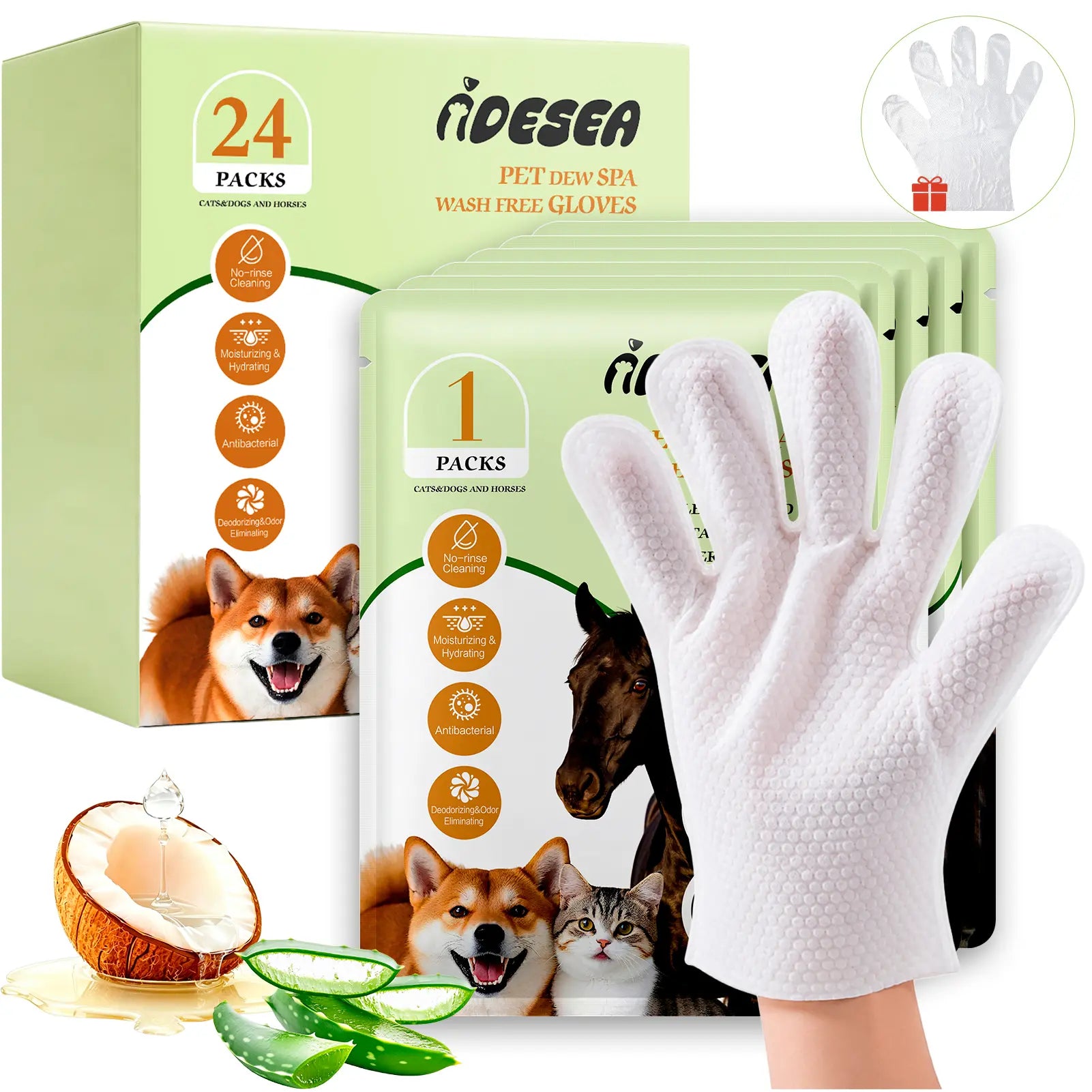 Pet Cleaning Glove Wipes for Dogs & Cats, No-Rinse Waterless Bath Grooming Wipes, Deodorizing Hypoallergenic Pet Wipes for Paws, Fur, Face, Ears & Butt, Extra Thick Daily Pet Care