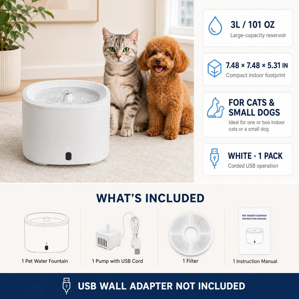 Fluffino 3L/101Oz Upgraded Water Capacity Cat Water Fountain with Quiet USB Pump Power Supply, Continuous Flow, Easy Maintenance, White Single Unit