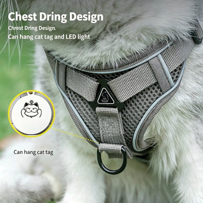 Escape-Proof Cat Harness and Leash Set; Adjustable Size. Cat Leash and Collar Made from Comfortable, Breathable Materials with Adjustable Sizing. Reflective Strip, Soft Mesh Vest, Convenient for Safe Leash Walking. Includes a Summer Version; Breathable An