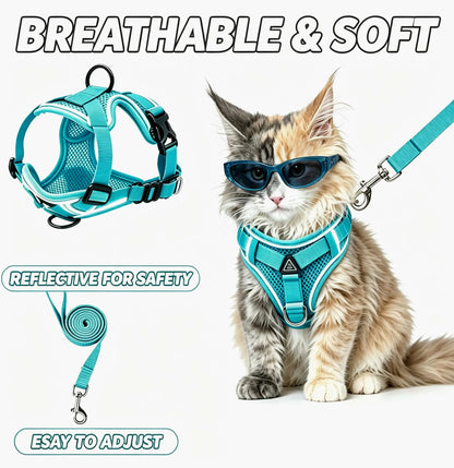 Escape-Proof Cat Harness and Leash Set; Adjustable Size. Cat Leash and Collar Made from Comfortable, Breathable Materials with Adjustable Sizing. Reflective Strip, Soft Mesh Vest, Convenient for Safe Leash Walking. Includes a Summer Version; Breathable An